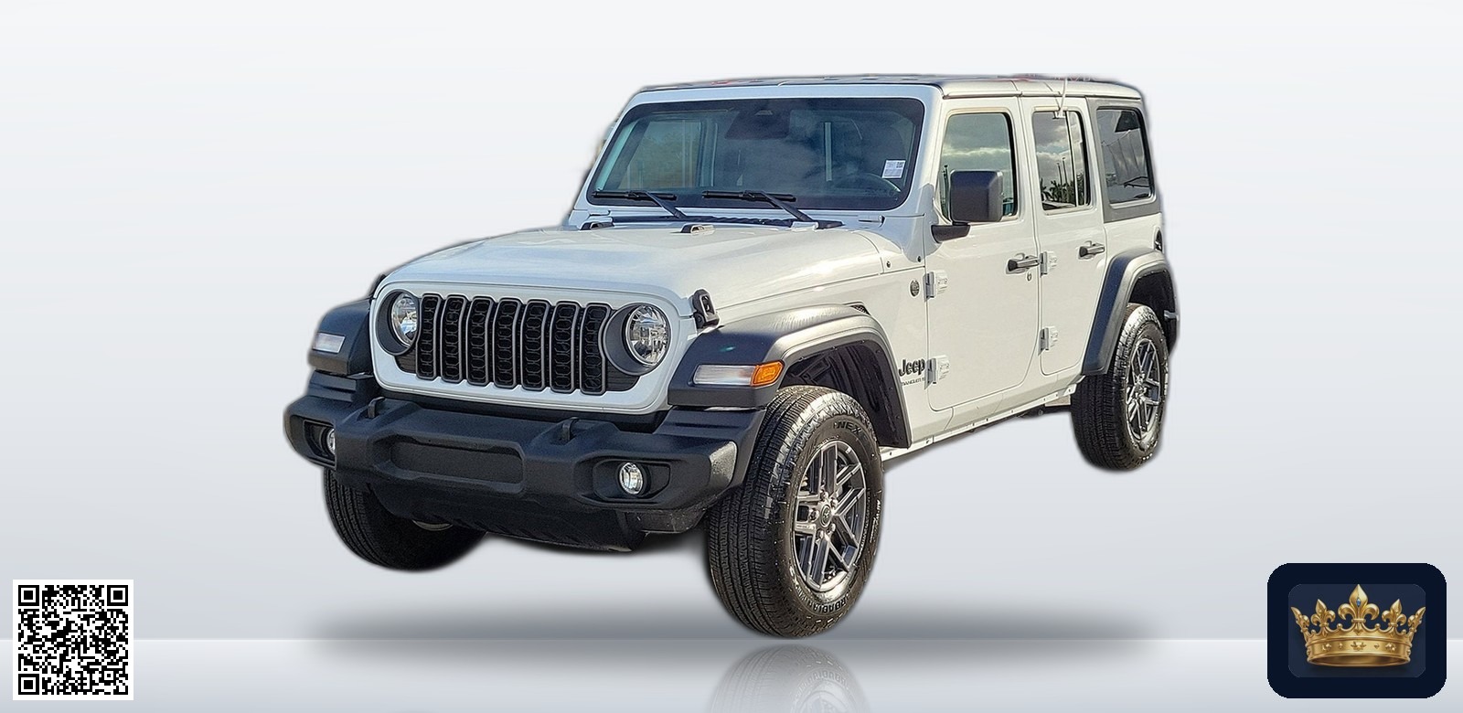 2025 Jeep Wrangler Sport S en vista tres cuartos frontal, estudio blanco
